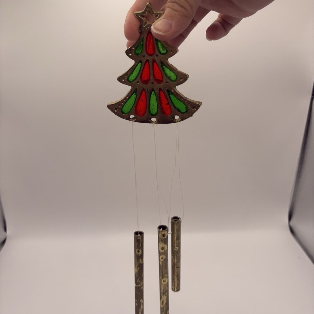 Vintage Stained Glass and Cast Metal Christmas Tree Wind Chime Japan Decoration - Picture 7 of 7